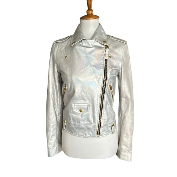 Mackage Silver Lambskin Leather Motorcycle Jacket, Womens, Size XS - Picture 3 of 10